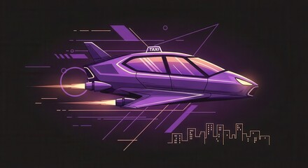 Futuristic purple aircraft providing aerial transportation services zooms past a stylized cityscape