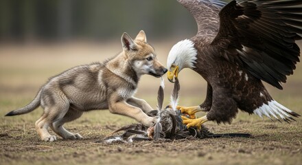 A wolf pup and a bald eagle fight over