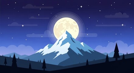 Vector illustration of a majestic snow-capped mountain under a large full moon in a starry night sky with pine trees.