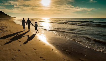 Father, Children, and Mother Walking Together on a Golden Beach at Sunset, Enjoying a Relaxing Family Moment