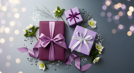 A beautiful arrangement of three purple gift boxes with ribbons an elegant and modern holiday celebration background a top view flat lay for a birthday or anniversary surprise 99896552 1