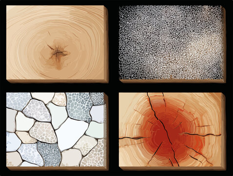 Vier verschiedene Texturen: Holzmaserung, Stein, Mosaik und Rindenmuster, Vektor