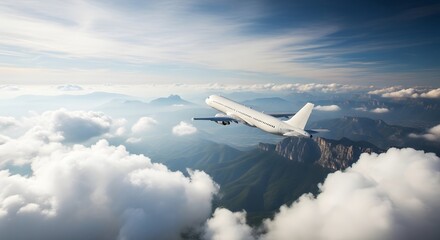 An aircraft flying high above white clouds with beautiful mountain scenery below