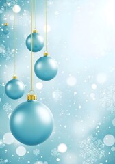 Holiday Winter Christmas Poster, light blue Christmas ornaments hanging from gold strings, with bokeh background, snowflakes