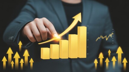 A powerful and conceptual close-up shot of a businessman or professional's hand, dressed in a dark suit jacket, reaching out to interact with a vibrant, glowing chart.
