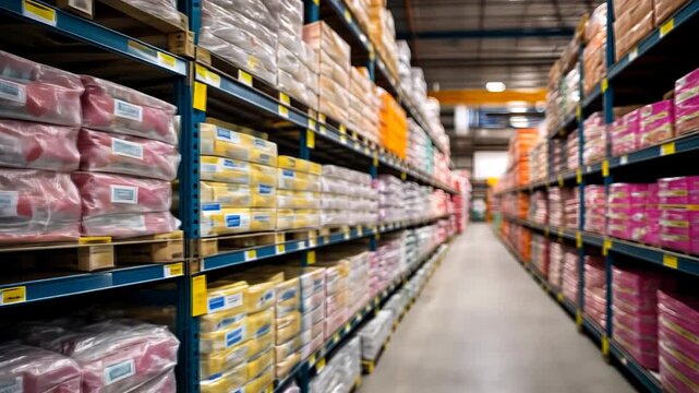 Long warehouse aisle filled with packed goods, with items on shelves, from various heights and levels