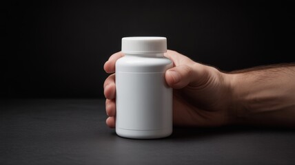 The bottle is the focal point, positioned against a dark, monochromatic gray or charcoal wall.