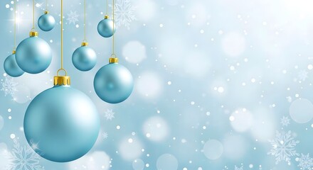 Holiday Winter Christmas Poster, light blue Christmas ornaments hanging from gold strings, with bokeh background, snowflakes