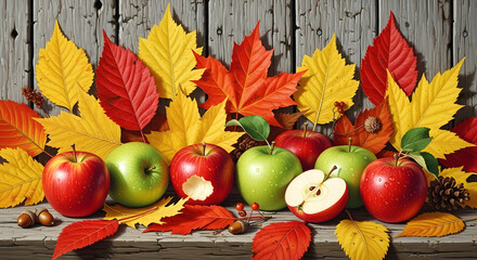 Vibrant Autumn Leaves and Apples Rustic Nature Background Artwork 26345095 1