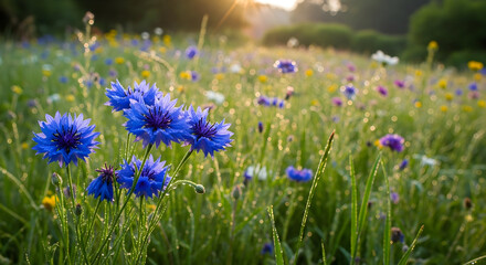 Vibrant Blue Wildflower Blooming in Serene Garden Meadow Under Morning Sunlight 75150916 1