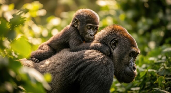 A gorilla carries a baby gorilla on its - Powered by Adobe