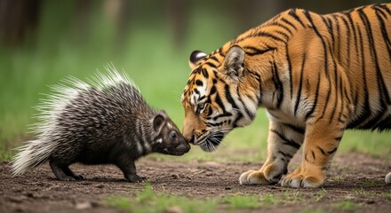 Fototapeta premium A tiger and a porcupine interact