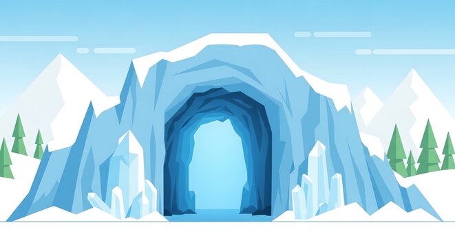A vector illustration of a glowing blue ice cave entrance set within a snowy mountain landscape with pine trees.