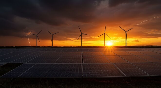 Wind turbines and solar panels at sunset