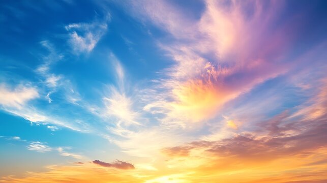 Scenic Sky Panorama with Golden Clouds at Sunset in Radiant Blue and Orange Hues