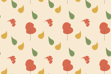 Autumn Seamless Pattern with Leaves and Trees — Warm Flat Botanical Design