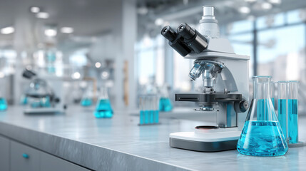 Bright laboratory interior with microscopes, blue test liquids and sterile white surfaces arranged neatly for precise experiments, modern scientific environment concept