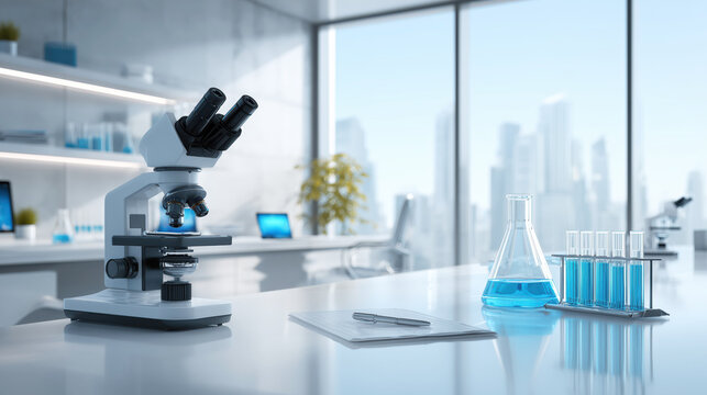 Clean white medical lab featuring microscopes, transparent glassware and blue chemical samples organized on sleek surfaces, advanced laboratory science concept