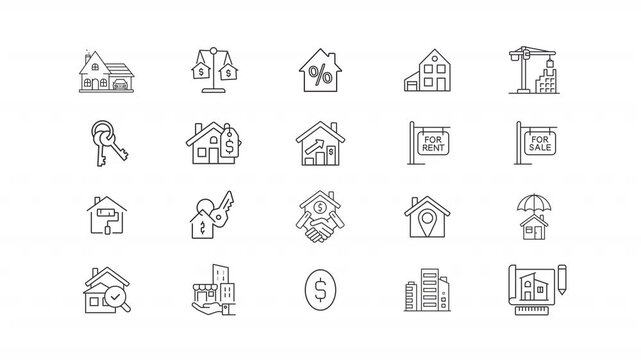 Real estate line animation set. Selling, buying and renting apartments animated icons. Buildings and lands management. Property. Outline elements on white background. HD video with alpha channel