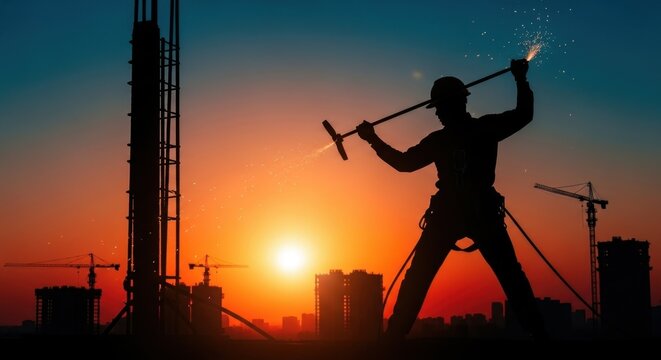 A construction worker is silhouetted against a vivid sunset, welding steel as sparks fly across the skyline.
