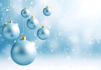 Holiday Winter Christmas Poster, light blue Christmas ornaments hanging from gold strings, with bokeh background, snowflakes
