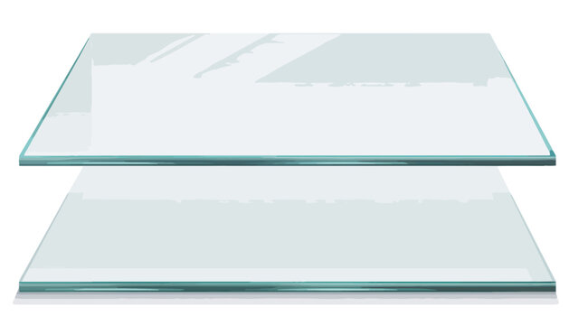Zwei schwebende, transparente Glasplatten mit spiegelnder Oberfl&auml;che und klaren Kanten, perfekt isoliert auf wei&szlig;em Hintergrund f&uuml;r vielseitige Designprojekte.