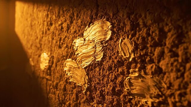 Earthen wall with light reflecting on textured surface, detail shot
