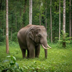 Fototapeta premium Majestic asian elephant standing peacefully amidst lush greenery within a tropical forest scene