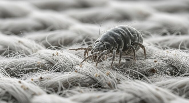 Magnified depiction of a dust mite crawling amidst woven fabric structure representing allergy