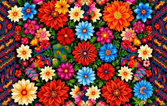 Vibrant, colorful flower collage with bold hues of orange, red, blue, and pink against a lush green backgroundperfectly cheerful and eye-catching! - Powered by Adobe