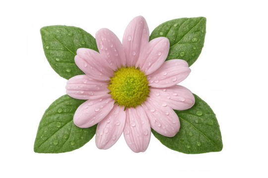 Pink daisy flower with green leaves and dew drops isolated on transparent background, conveying freshness and nature - Powered by Adobe