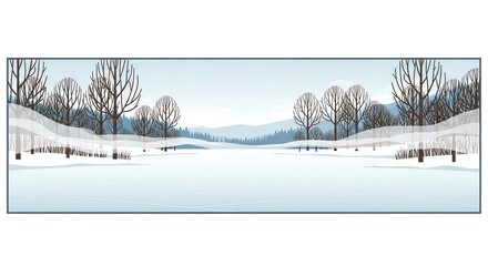 A serene panoramic winter landscape with bare trees and snow-covered hills under a pale blue sky.
