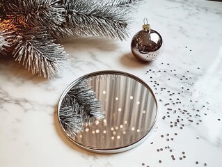 Product photography of small round silver mirror with Christmas ornament and glitter on white marble table, creating festive atmosphere ideal for e-commerce and promotional design.