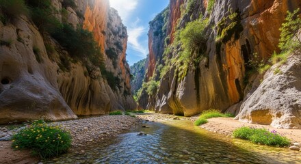 Majestic gorge landscape with flowing river reflecting sunlight and towering canyon walls