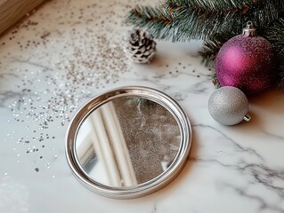 Product shot of small round silver mirror with Christmas ornament and glitter on white marble table, creating festive atmosphere for commercial advertising and e-commerce display.