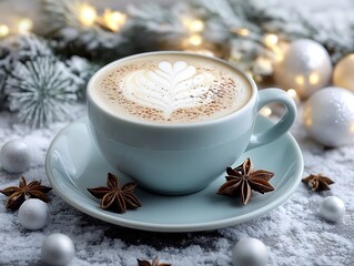 Light blue cappuccino with white foam and star anise on saucer, winter garlands and snowballs background, hyper-realistic magazine cover quality photography with natural colors and sharp focus.