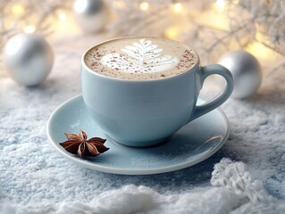 Light blue cappuccino with white foam and star anise on saucer, winter snowballs and garlands background, hyper-realistic magazine cover photography with sharp focus and natural colors.