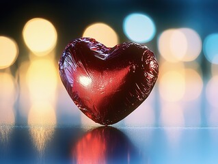 Red foil-wrapped heart-shaped chocolate with blurred colorful bokeh lights background, soft lighting highlighting texture and shape, shallow depth of field detailing with foreground reflection.
