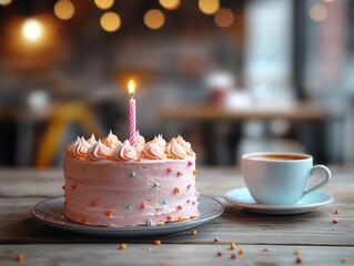 Pink birthday cake with single candle on wooden cafe table, coffee cup accompaniment, natural lighting highlighting warm celebration atmosphere for festive designs.