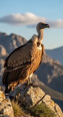 Majestic griffon vulture perched atop rocky outcrop overlooking mountainous landscape scenery view