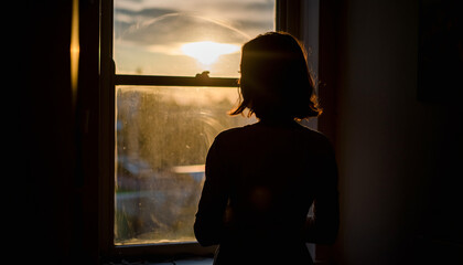 Silhouette of a person looking out a window at a bright sunset, creating a contemplative and serene atmosphere.