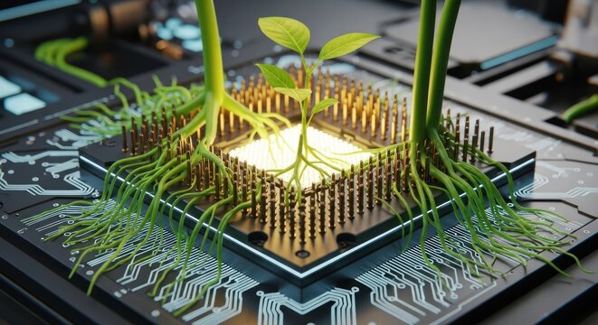 A vibrant green plant sprouts from the center of a complex computer processor, symbolizing the intersection of nature and technology.
