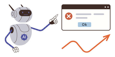 AI robot pointing at error popup with ok button, red cross, and rising arrow. Ideal for technology, AI, automation, data analysis, problem-solving growth and innovation. Simple flat metaphor
