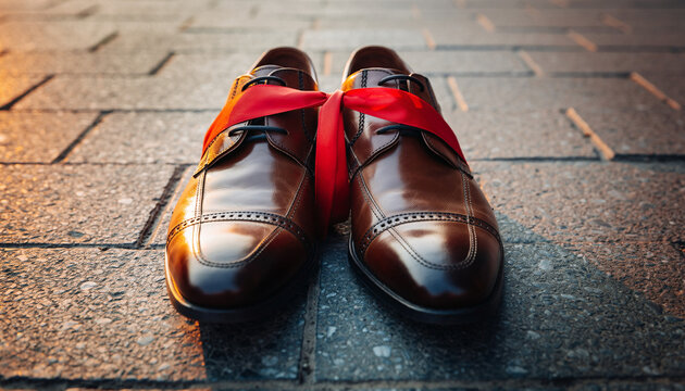 A pair of shiny brown leather dress shoes tied with a red ribbon on a textured stone pavement outdoors. - Powered by Adobe