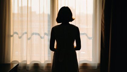Silhouette of a woman standing by a window with curtains, looking out at the bright light from outside, creating a contemplative mood.