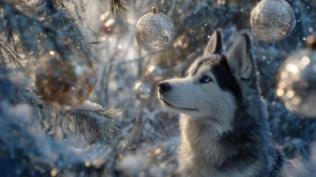 A Huskey Dog beside a Christmas Tree