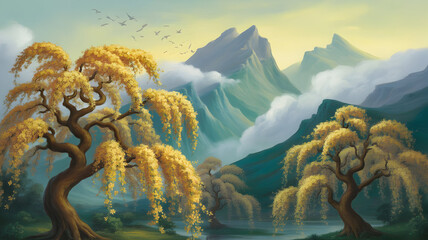 Golden weeping trees illustration in a serene mountain landscape with misty clouds and flying birds
