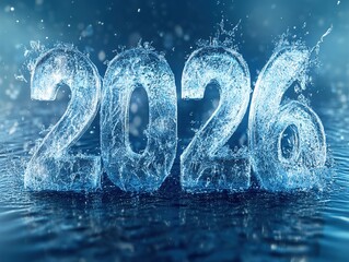 3D blue ice number "2026" with dripping water effect, water ripples and splashes background creating frosty winter atmosphere, high detail sharp texture for digital design and seasonal themes.