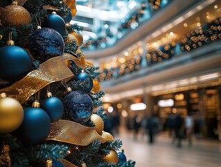 Luxurious Christmas decoration close-up: blue and gold color scheme in mall setting, large tree with golden ribbons and navy ornaments, shallow depth of field showcasing festive atmosphere for winter 