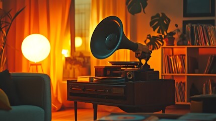 vintage gramophone with a prominent horn sits on a wooden console table in a warmly lit, cozy room, surrounded by vinyl records and plants, creating a nostalgic ambiance
